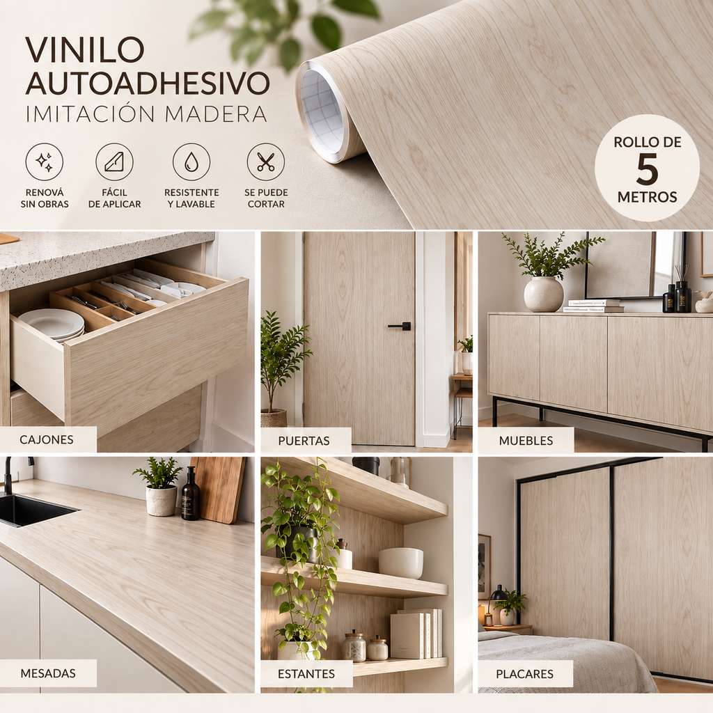 Papel Autoadhesivo madera Rollo 5mts