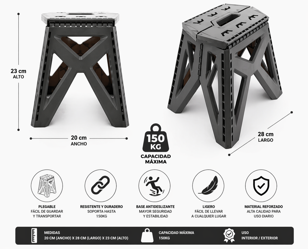 BANCO PLEGABLE HASTA 150KG 20X28X23CM