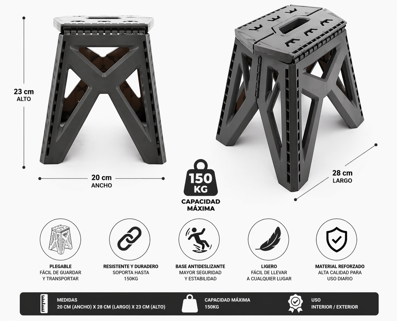 BANCO PLEGABLE HASTA 150KG 20X28X23CM